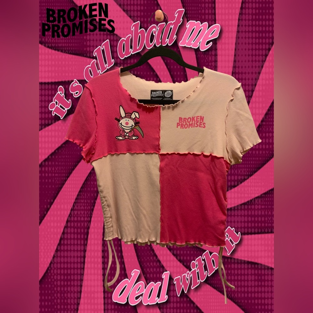 BROKEN PROMISES x HAPPY BUNNY Reaper Pink Colorblock Lettuce Crop Top Size XL